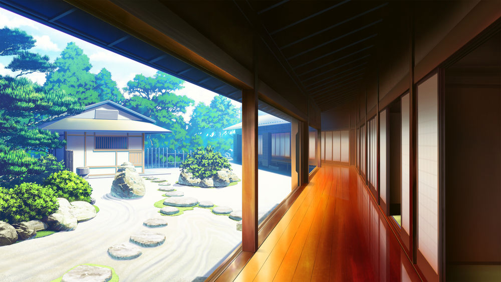 Обои для рабочего стола Деревянный дом в японском стиле с видом на двор, из игры Kono Oozora ni, Tsubasa wo Hirogete