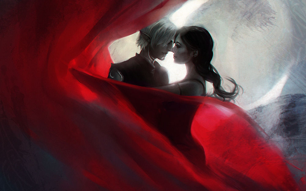 Обои для рабочего стола Fenris & Marian Hawke / Фенрис и Мариан Хоук из игры Dragon age II / Век драконов 2 обнимаются, облаченные в красную ткань