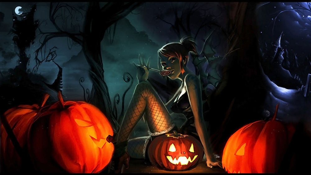 Обои для рабочего стола Nami с леденцом сидит рядом с тыквами в мрачном лесу ночью на Хэллоуин / Halloween, One Piece, by tips2toes