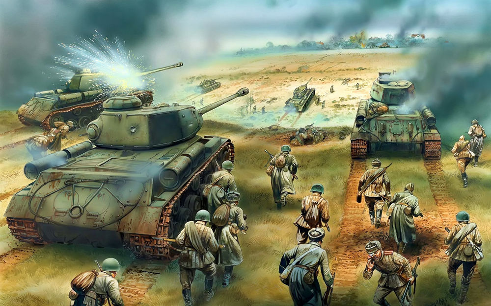 Обои для рабочего стола Наступление Красной армии: солдаты и танки идут в атаку