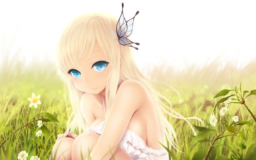 Обои на рабочий стол Сэна Касивадзаки / Sena Kashiwazaki с бабочкой в волосах сидит в густой траве, из аниме У меня мало друзей / Boku wa Tomodachi ga Sukuna
