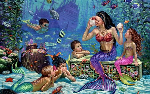 Обои на рабочий стол На морском дне русалка играется с детьми
