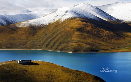 Обои на рабочий стол Озеро Ямдрок-Цо, Тибет / Jmdrok-Tso, Tibet