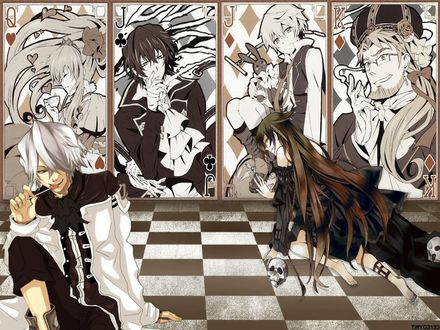 Обои на рабочий стол Xerxes Break / Зарксис Брейк с леденцом и Алиса / Alice с черепом сидят на полу на фоне карт с другими главными персонажами аниме Сердца Пандоры / anime Pandora Hearts: Sharon Rainsworth / Шерон Рейнсворт - червовая дама, Гилберт Найтрей / Gilbert Nightra