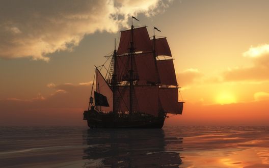 Обои на рабочий стол Парусный фрегат, плывущий по морю на фоне заходящего солнца