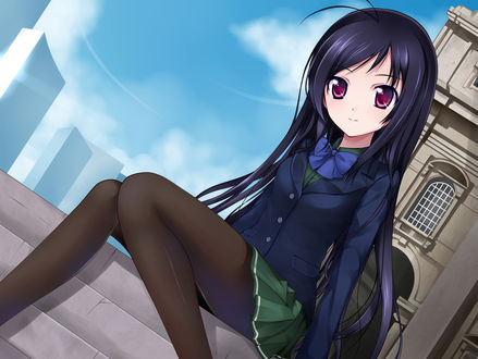Обои на рабочий стол Kuroyukihime / Куроюкихимэ сидит на ступеньках, из аниме Accel World / Ускоренный Мир