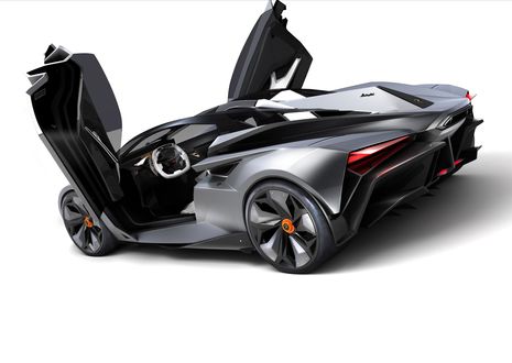 Обои на рабочий стол Серебряный Ламборджини / Lamborghini Perdigon Concept Car 2013 с открытыми дверями на белом фоне