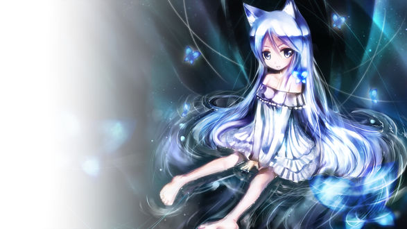 Обои на рабочий стол Neko Girl / неко-девочка с длинными голубыми волосами в платьице сидит в воде в окружении голубых бабочек