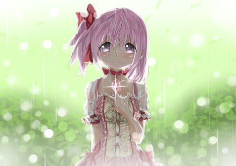 Обои на рабочий стол Плачущая Канаме Мадока / Kaname Madoka под дождем из аниме Mahou Shoujo Madoka Magika / Девочка-волшебница Мадока