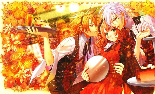 Обои на рабочий стол Ikki / Икки и Toma / Тома, обнимающие Героиню / Heroine, аниме Amnesia / Амнезия