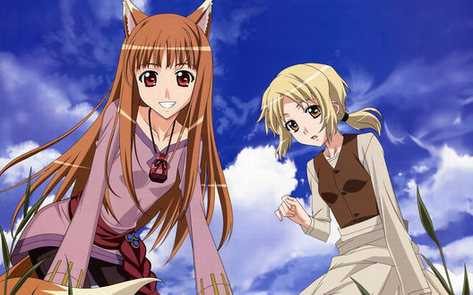 Обои на рабочий стол Holo / Холо и Nora Arendt / Нора Арент из аниме Волчица и пряности / Spice and Wolf на фоне неба