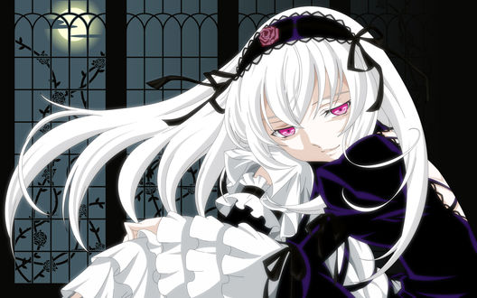 Обои на рабочий стол Suigintou / Суйгинто первая кукла из аниме Rozen Maiden / Розен Мэйден / Дева-роза сидит напротив окна