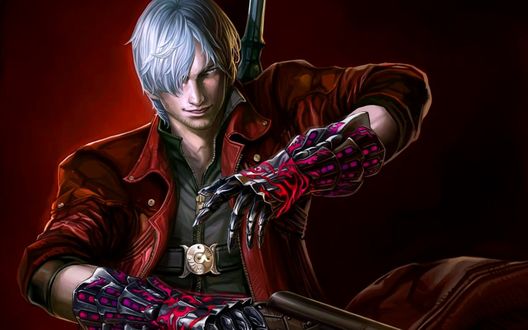 Обои на рабочий стол Dante / Данте - главный герой серии компьютерных игр и аниме Devil May Cry / Даже дьявол может плакать, на руки одеты перчатки из комплекта Gilgamesh / Гильгамеш