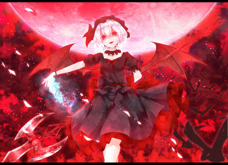 Обои на рабочий стол Remilia Scarlet / Ремилия Скарлет на фоне кровавой луны и стаи летучих мышей, из серии компьютерных игр Тохо / Touhou Project
