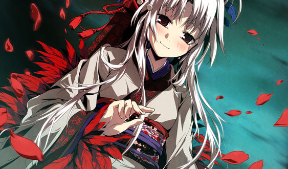 Обои на рабочий стол Kyougetsu Sakuya из игры - визуальной новеллы Kajiri Kamui Kagura, вокруг нее кружатся красные лепестки
