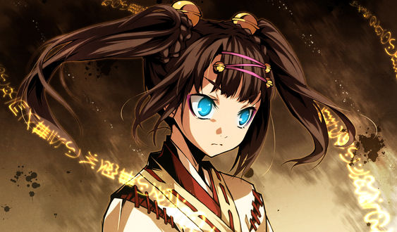 Обои на рабочий стол Mikado Ryuusui из игры - визуальной новеллы Kajiri Kamui Kagura, вокруг нее летают магические символы
