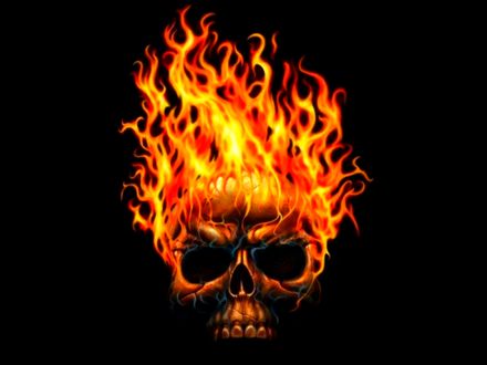 Обои на рабочий стол Пылающий огнем череп на черном фоне