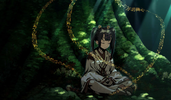 Обои на рабочий стол Mikado Ryuusui из игры - визуальной новеллы Kajiri Kamui Kagura, медитирует под деревом, вокруг нее летают магические символы