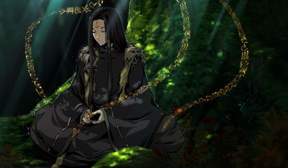Обои на рабочий стол Madara Yakou из игры - визуальной новеллы Kajiri Kamui Kagura, медитирует под деревом, вокруг него летают магические символы