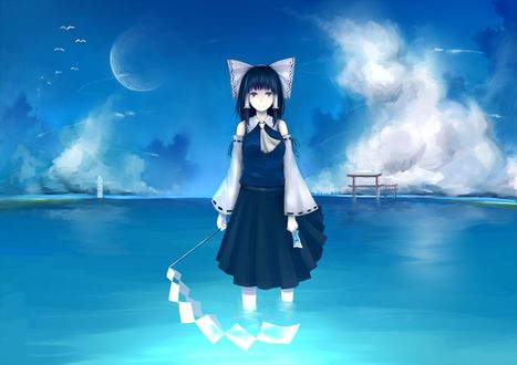 Обои на рабочий стол Reimu Hakurei / Рейму Хакурей стоит в воде на фоне небесного пейзажа, из серии компьютерных игр Тохо / Touhou Project