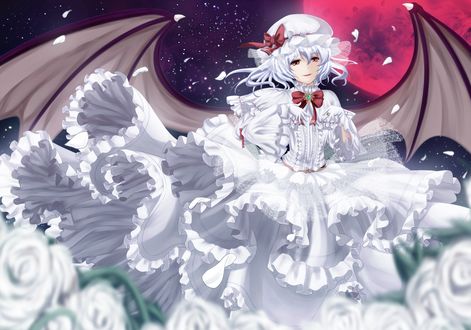 Обои на рабочий стол Remilia Scarlet / Ремилия Скарлет в красивом белом платье на фоне кровавой луны, из серии компьютерных игр Тохо / Touhou Project