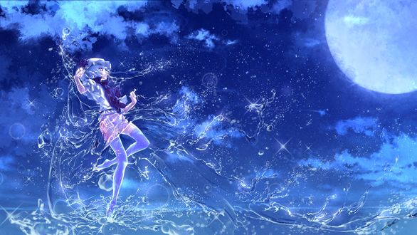 Обои на рабочий стол Remilia Scarlet / Ремилия Скарлет окутанная водой на фоне ночного неба, из серии компьютерных игр Тохо / Touhou Project