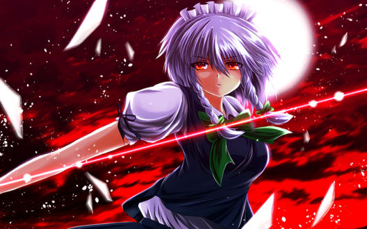 Обои на рабочий стол Izayoi Sakuya / Сакуя Изаеи стоит на фоне кровавого ночного неба, из серии компьютерных игр Тохо / Touhou Project