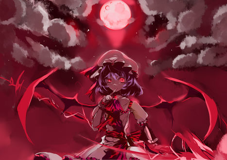 Обои на рабочий стол Remilia Scarlet / Ремилия Скарлет на фоне кровавой луны, из серии компьютерных игр Тохо / Touhou Project