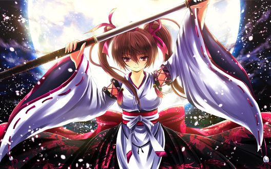 Обои на рабочий стол Himekaidou Hatate / Хатате Химекайдо с катаной в руках стоит на фоне полной луны, из серии компьютерных игр Тохо / Touhou Project