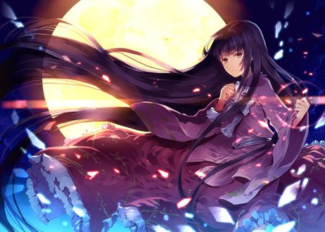 Обои на рабочий стол Houraisan Kaguya / Кагуя Хорайсан в красивом платье на фоне ночного неба и полной луны, из серии компьютерных игр Тохо / Touhou Project