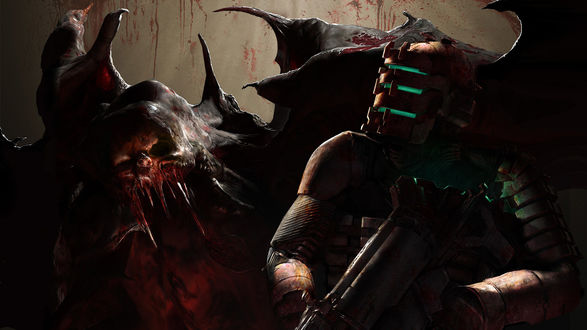 Обои на рабочий стол Isaac Clarke / Айзек Кларк главный герой игры Dead Space / Мертвый космос, у него за спиной стоит монстр (некроморф) Brute / зверь