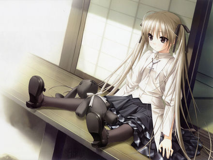 Обои на рабочий стол Kasugano Sora / Сора Касугано сидит на крыльце, из аниме Yosuga no Sora / Одиночество на двоих