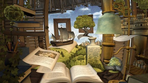 Обои на рабочий стол Раскрытая книга, из которой вылетают страницы, из которых вырастают деревья и корабли, рядом с ней ваза и стакан карандашей