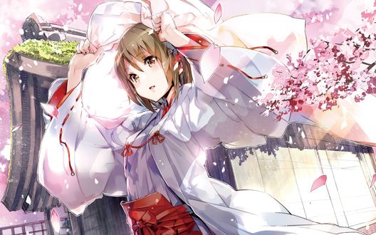 Обои на рабочий стол Amatsume Akira / Акира Амацумэ стоит возле деревянного дома, рядом с цветущей сакурой, из аниме Yosuga no Sora / Одиночество на двоих