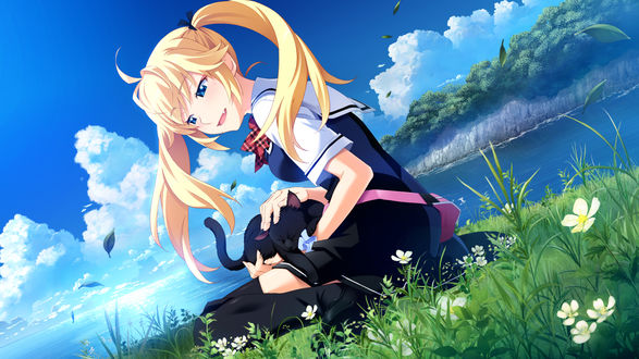Обои на рабочий стол Matsushima Michiru / Матсушима Мичиру сидит на берегу моря с черным котом на руках из игры - визуальной новеллы Grisaia no Kajitsu