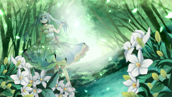 Обои на рабочий стол Vocaloid Hatsune Miku / Вокалоид Хатсунэ Мику гуляет в весеннем лесу