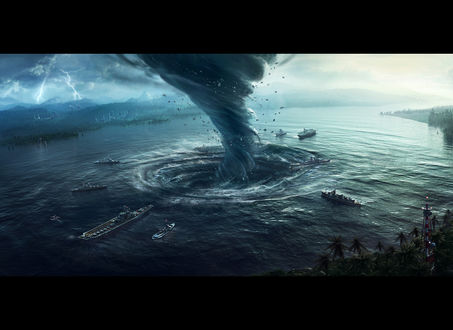 Обои на рабочий стол Торнадо над рекой образует водоворот, затягивая туда корабли