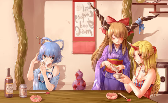 Обои на рабочий стол Seiga Kaku / Сейга Каку, Suika Ibuki / Суйка Ибуки и Yuugi Hoshiguma / Юги Хоcигума распивают алкогольные напитки из серии компьютерных игр Тохо / Touhou Project (художник Rojiko)