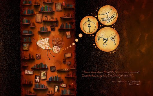 Обои на рабочий стол Иллюстрация к книге Льюиса Кэрролла Алиса в Стране чудес - падение в кроличью нору (. Down, down, down. Would the fall never come to an end? I wonder how many miles I ve fallen by this time. Alice s Adventures in Wonderland Lewis Carroll)