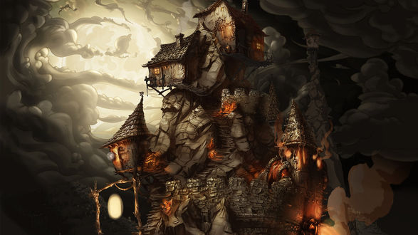 Обои на рабочий стол Ведьмин дом на фоне серого неба из игры The Whispered World / Ускользающий мир