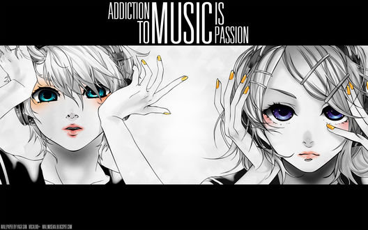 Обои на рабочий стол Vocaloid Kagamine Len & Rin / Вокалоид Кагамине Лен и Рин (ADDICTION TO MUSIC IS PASSION / Пристрастие к музыке - это страсть)
