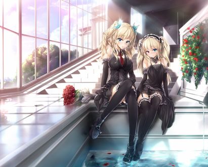 Обои на рабочий стол Sena Kashiwazaki / Сэна Касивадзаки и Kobato Hasegawa / Кобато Хасэгава сидят в черных готических нарядах возле бассейна, персонажи из аниме Boku wa Tomodachi ga Sukunai / У меня мало друзей, art by Wingheart