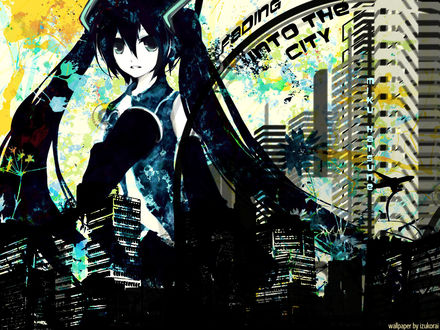 Обои на рабочий стол Vocaloid Hatsune Miku / Вокалоид Хатсуне Мику среди цветов и ярких пятен красок на фоне города (Fading into the city) wallpaper by izukorai