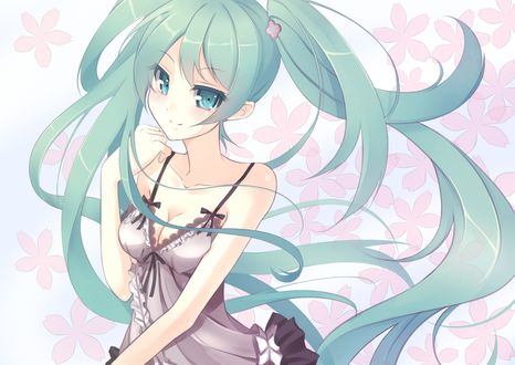 Обои на рабочий стол Vocaloid Hatsune Miku / Вокалоид Хатсуне Мику на фоне нежно-розовых цветов