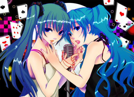 Обои на рабочий стол Vocaloid Hatsune Miku / Вокалоид Хатсуне Мику со своим двойником у микрофона, на фоне падающих игральных карт