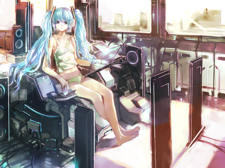 Обои на рабочий стол Vocaloid Hatsune Miku / Вокалоид Хатсуне Мику сидит за компьютером будущего