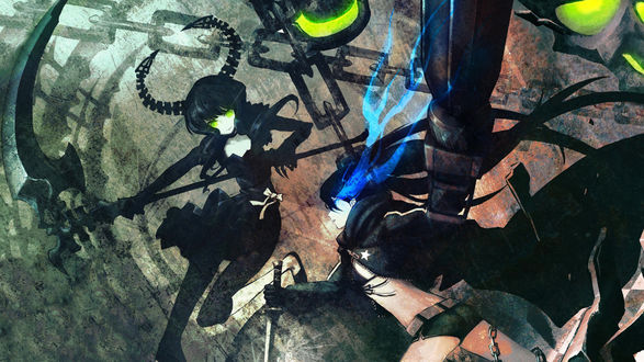 Обои на рабочий стол Black Rock Shooter / Черный Стрелок Рока / Стрелок с Черной Скалы vs Dead Master / Мастер Смерти / Мертвый Мастер
