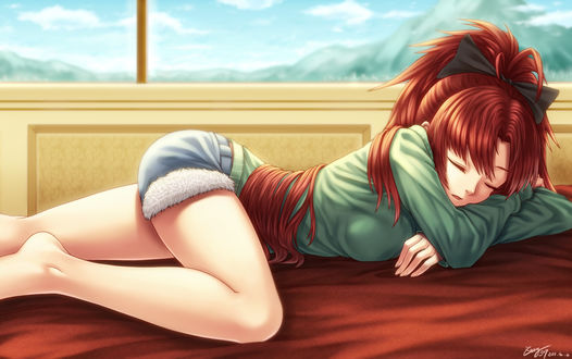 Обои на рабочий стол Спящая Кеко Сакура / Sakura Kyouko из аниме Девочка-волшебница Мадока Магика / Mahou Shoujo Madoka Magica