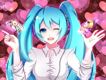 Обои на рабочий стол Vocaloid Hatsune Miku / Вокалоид Хатсуне Мику в наушниках, с двумя картами, на одной Кагамине Лен / Kagamine Len, на другой Рин / Rin, на фоне сердечек, подмигивает