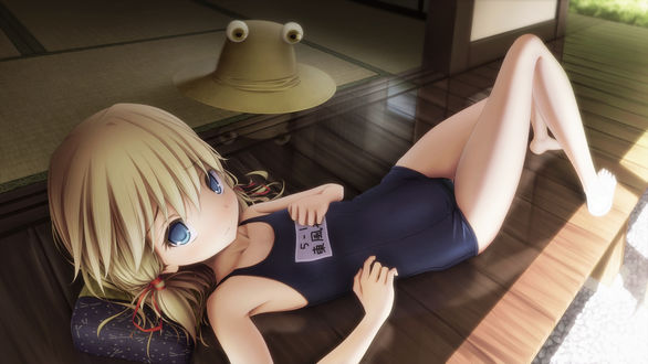 Обои на рабочий стол Moriya Suwako / Сувако Мория из Тохо / Touhou Project в купальнике лежит на веранде